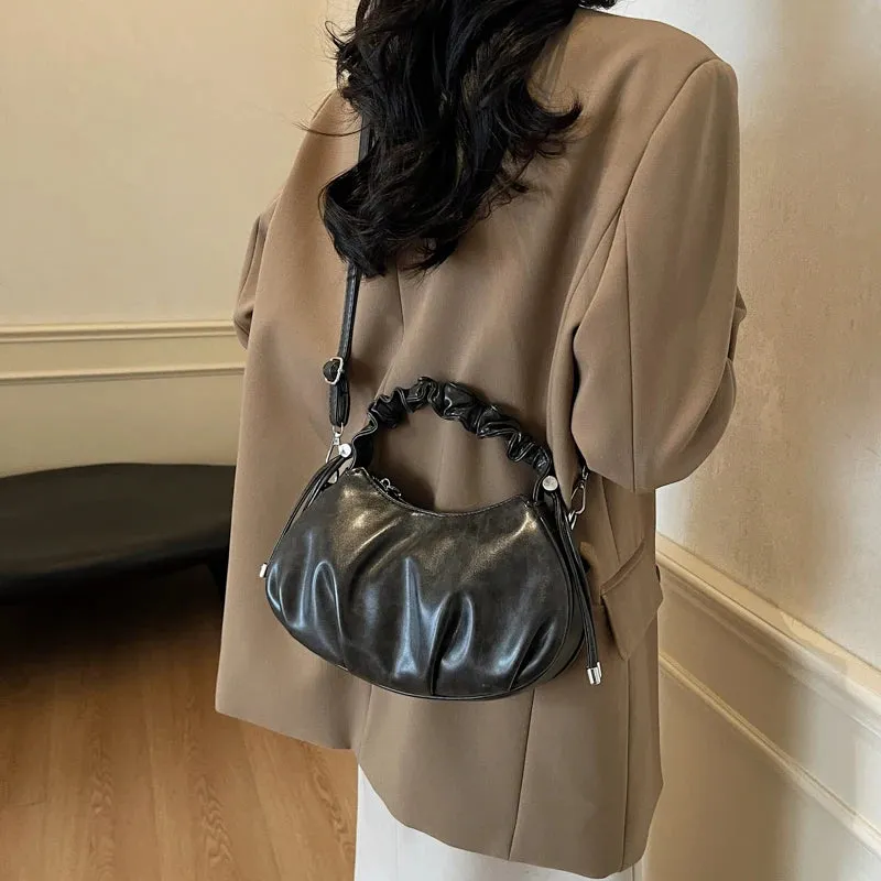 Small Leather Crossbody Bags Women Pleated Zipper Ruched Handle Crossbody Bags
