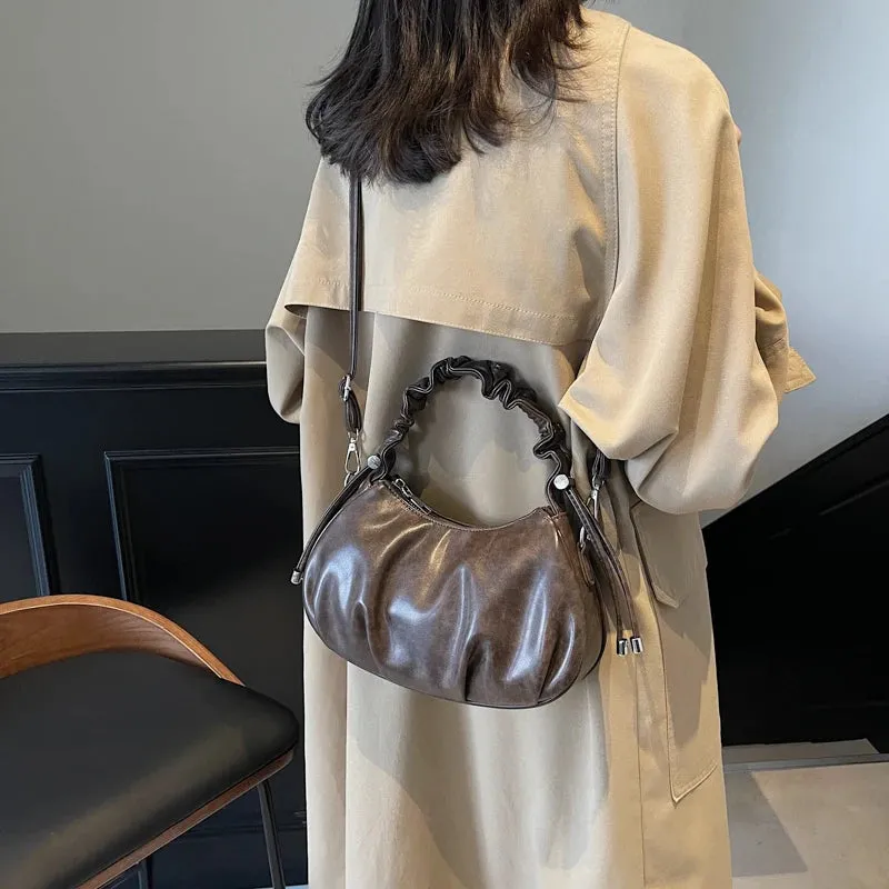 Small Leather Crossbody Bags Women Pleated Zipper Ruched Handle Crossbody Bags