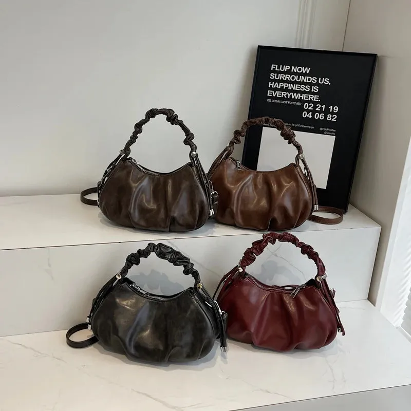 Small Leather Crossbody Bags Women Pleated Zipper Ruched Handle Crossbody Bags