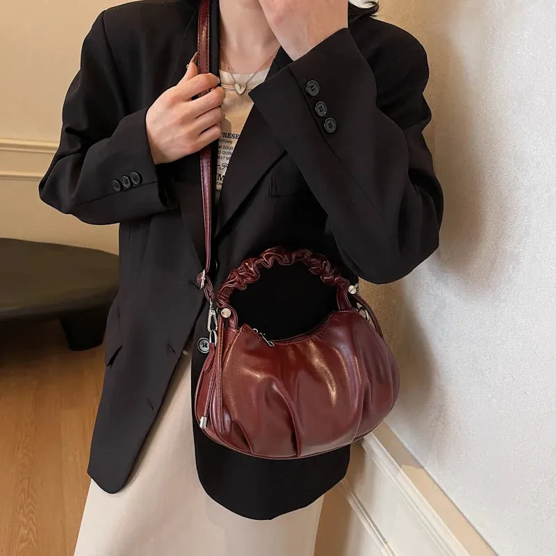 Small Leather Crossbody Bags Women Pleated Zipper Ruched Handle Crossbody Bags