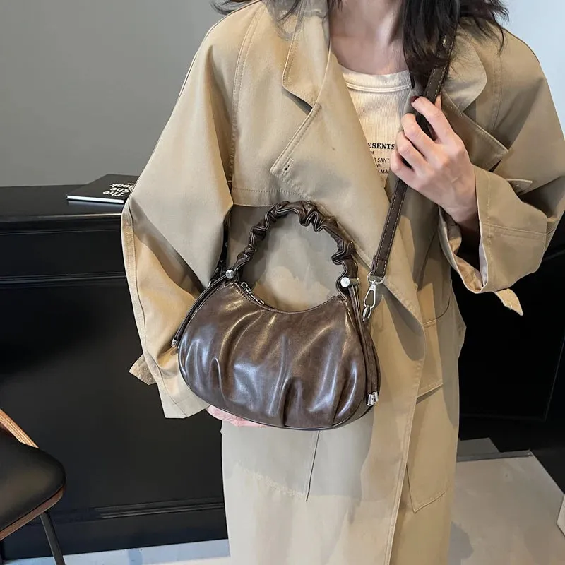 Small Leather Crossbody Bags Women Pleated Zipper Ruched Handle Crossbody Bags