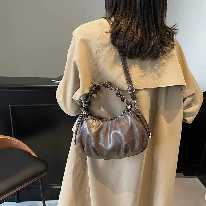 Small Leather Crossbody Bags Women Pleated Zipper Ruched Handle Crossbody Bags
