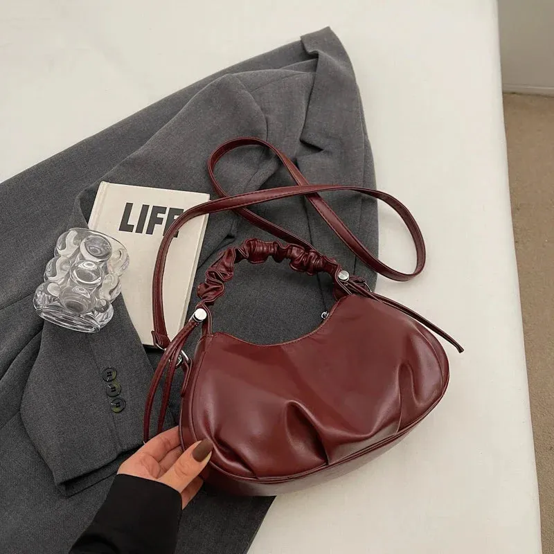 Small Leather Crossbody Bags Women Pleated Zipper Ruched Handle Crossbody Bags