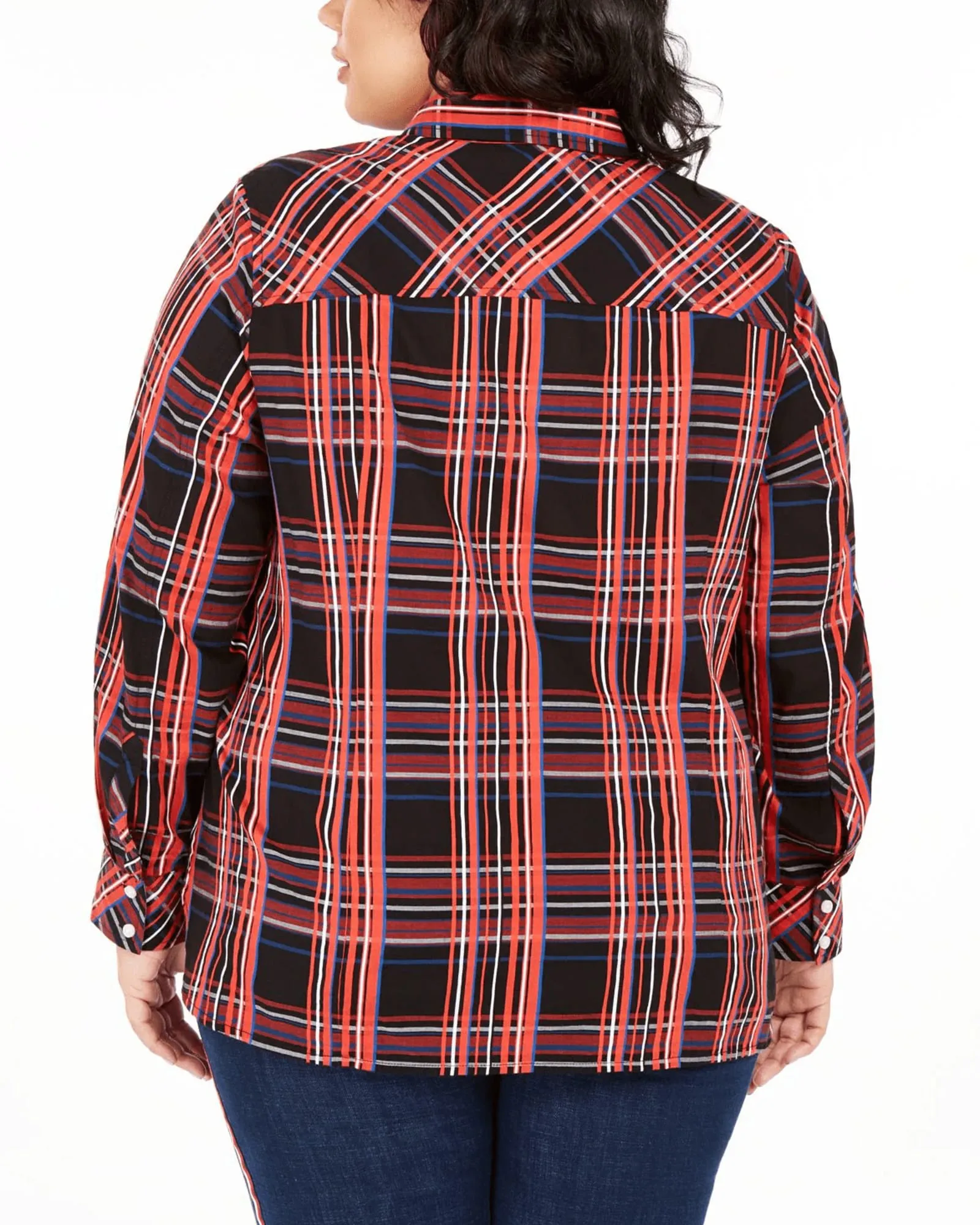 Tommy Hilfiger Women's Plus Button Down Plaid Roll Tab Sleeves Top Red Size 1X | Red