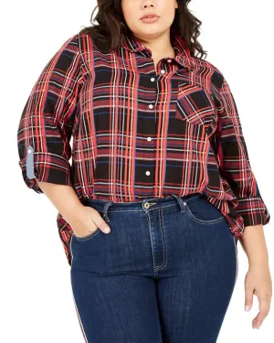 Tommy Hilfiger Women's Plus Button Down Plaid Roll Tab Sleeves Top Red Size 1X | Red