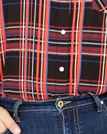 Tommy Hilfiger Women's Plus Button Down Plaid Roll Tab Sleeves Top Red Size 1X | Red
