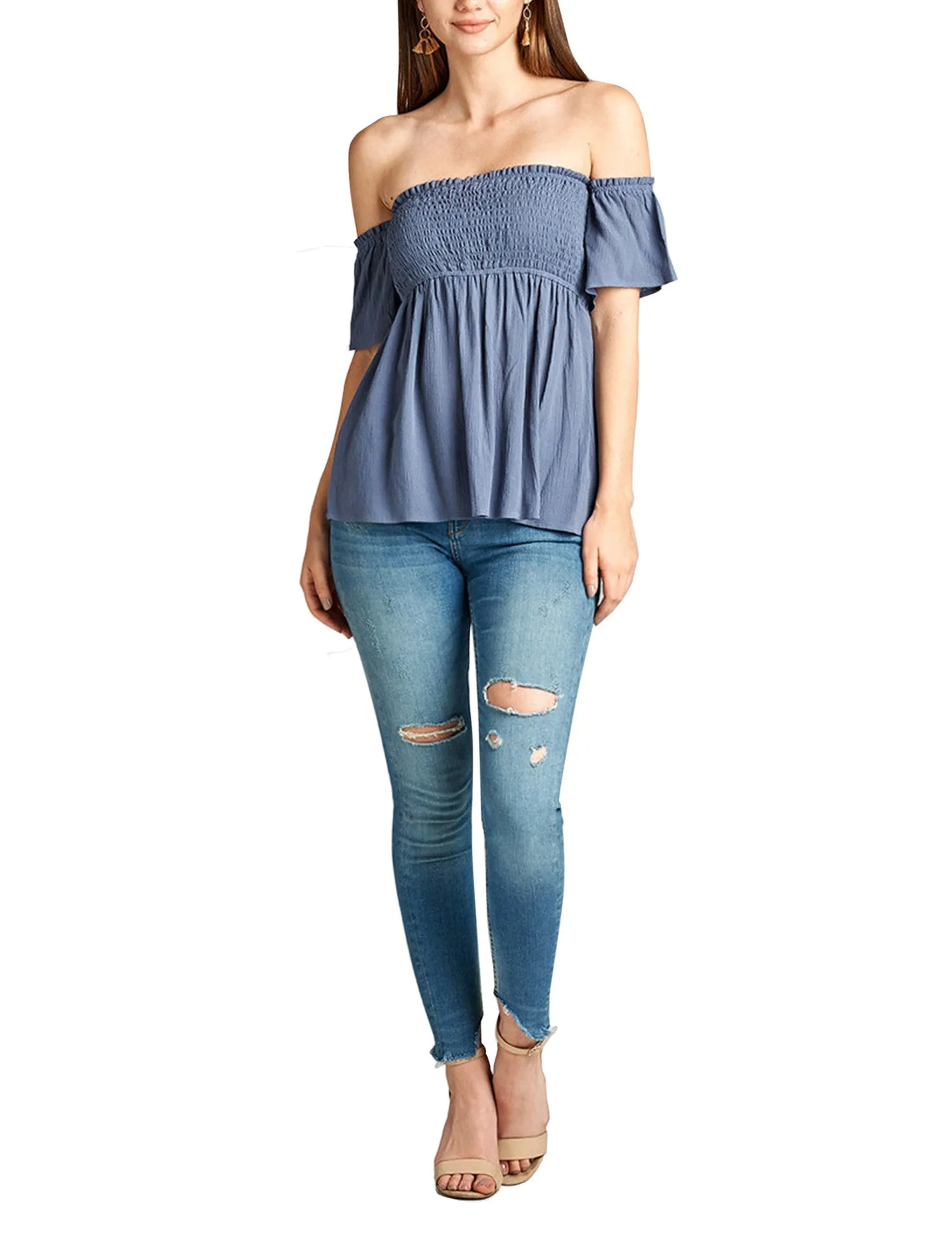 Womens Smocking Rayon Off the Shoulder Top