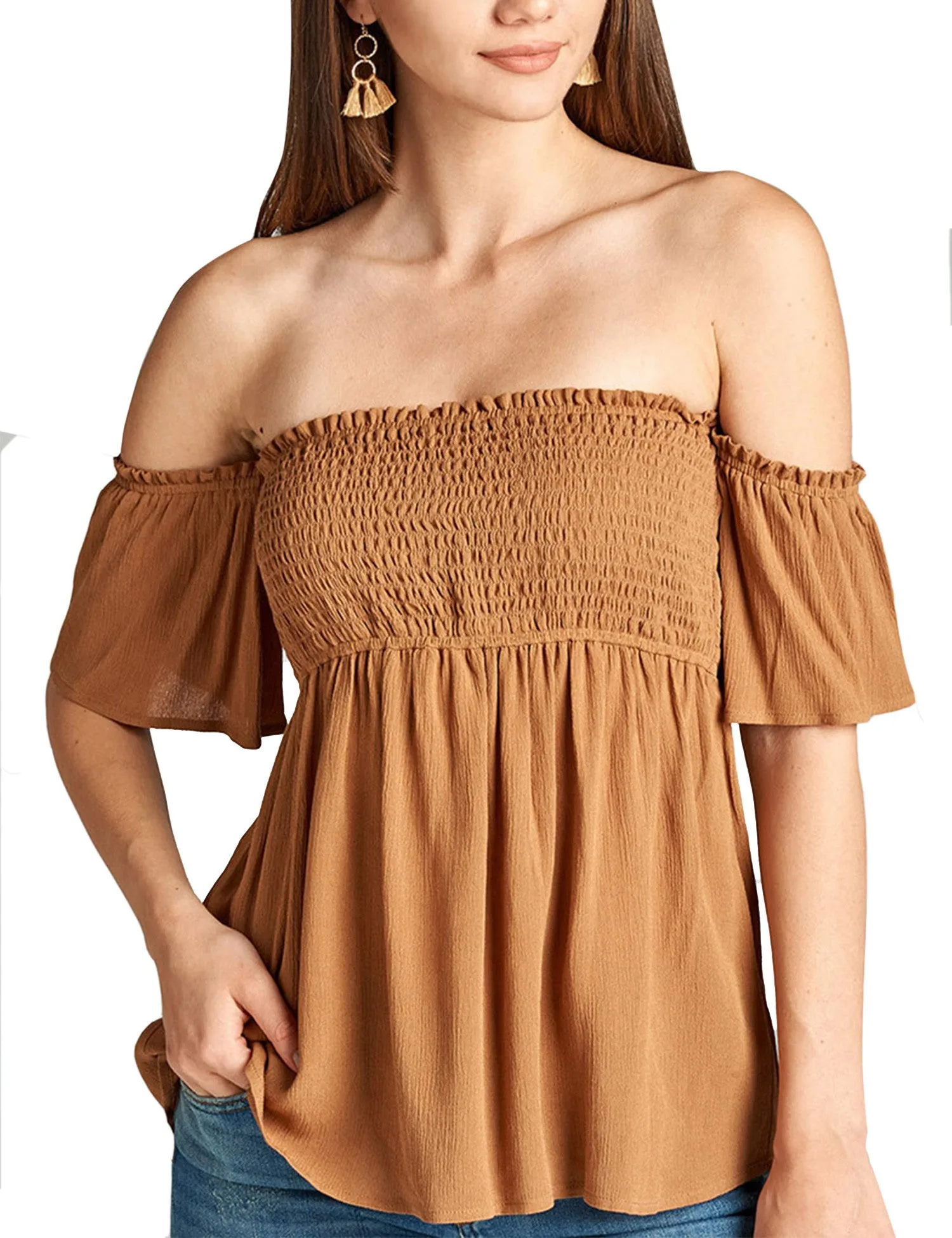 Womens Smocking Rayon Off the Shoulder Top