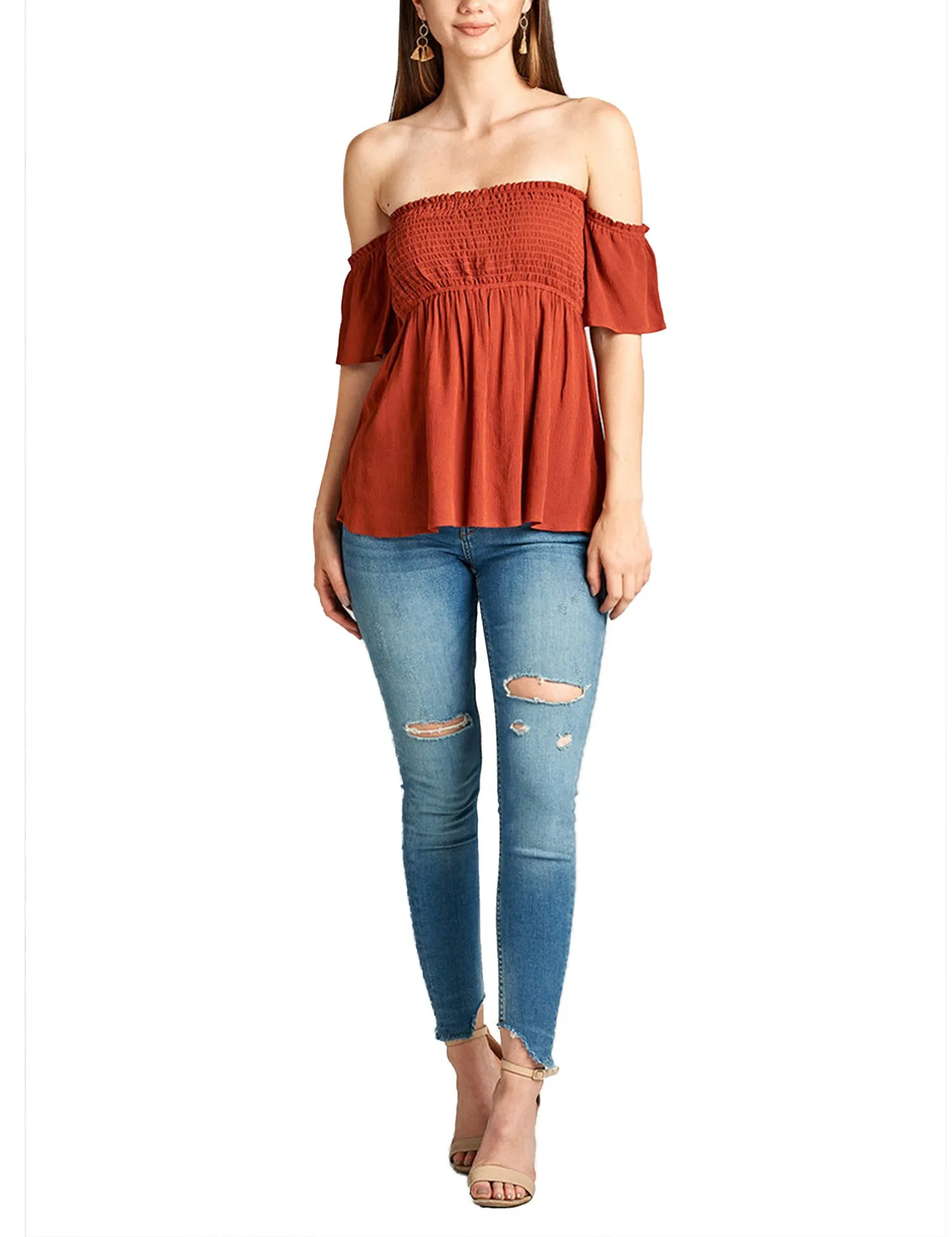 Womens Smocking Rayon Off the Shoulder Top