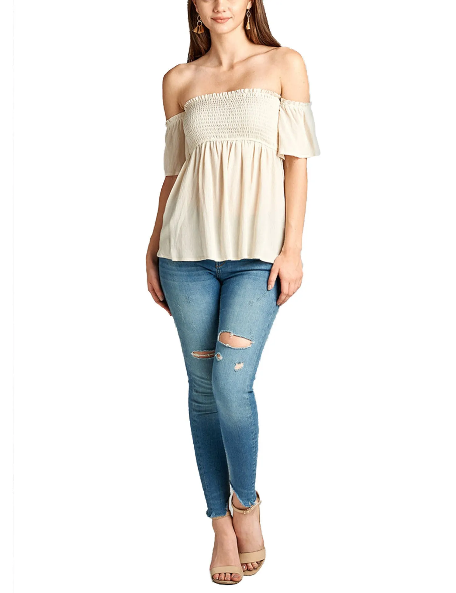 Womens Smocking Rayon Off the Shoulder Top