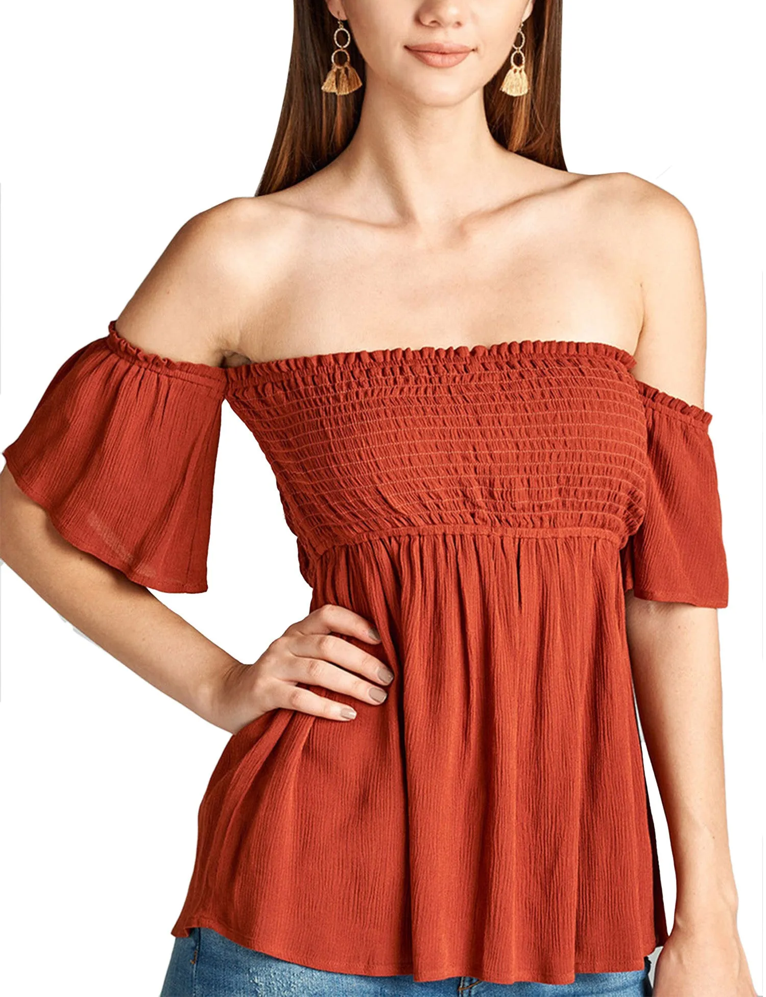 Womens Smocking Rayon Off the Shoulder Top
