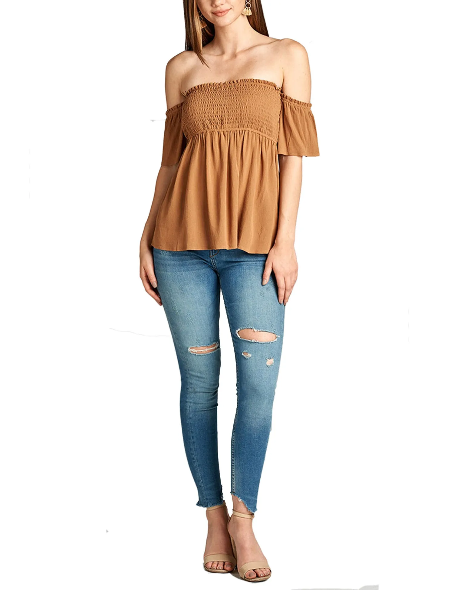 Womens Smocking Rayon Off the Shoulder Top